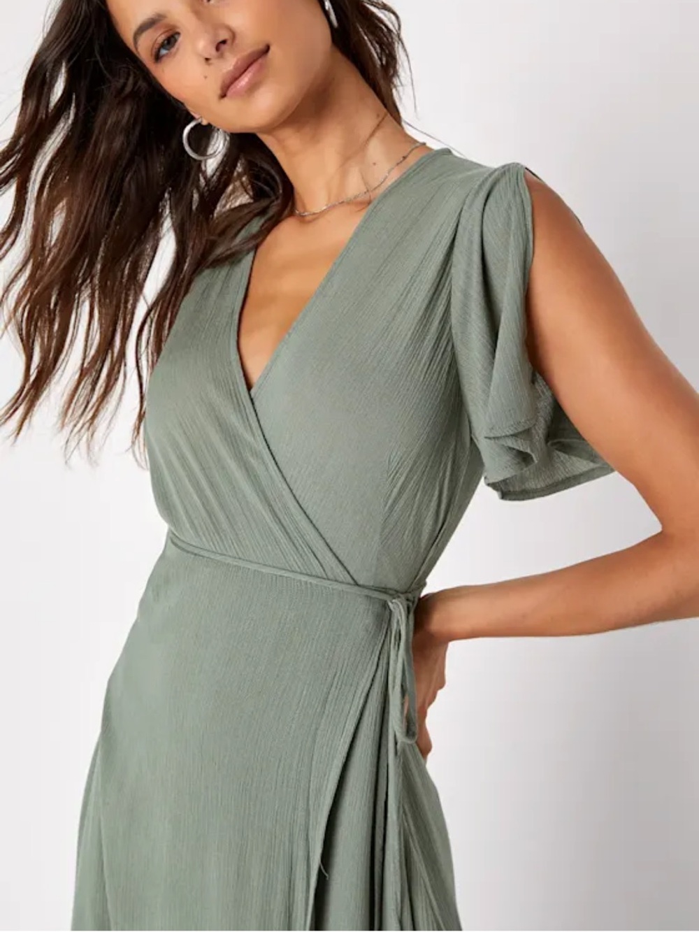 Lulu's Much Obliged Washed Olive Green Wrap Maxi Dress